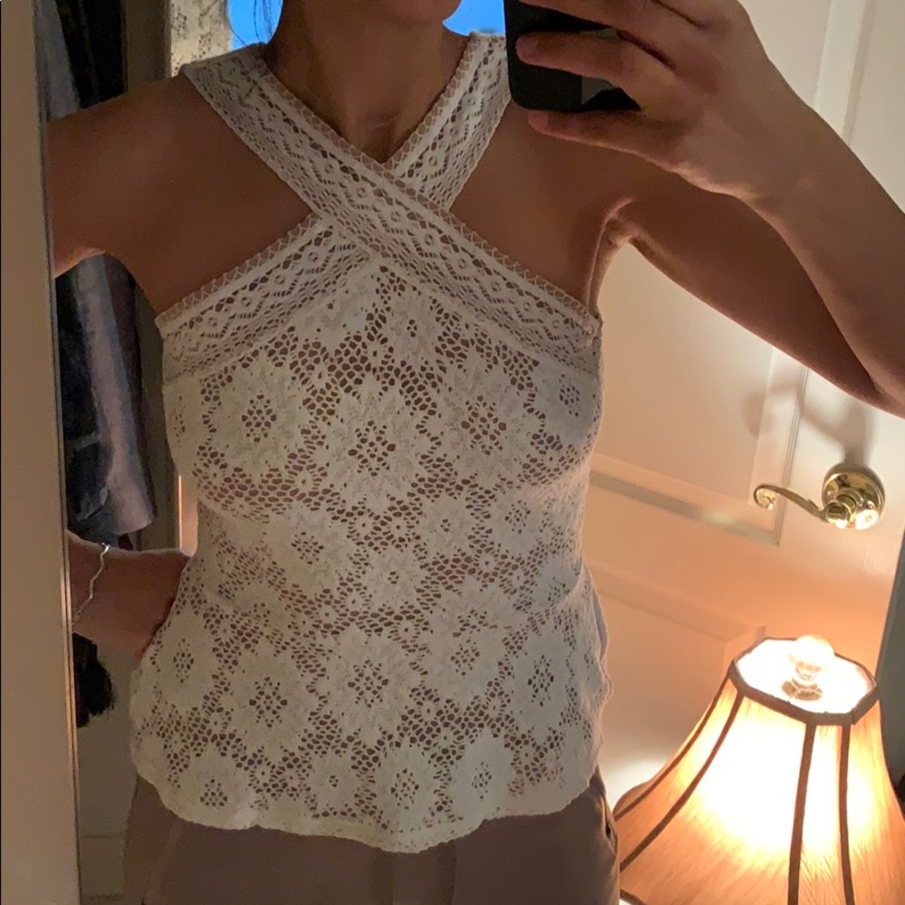 BCBG Cream Crochet Lace Cross-Neck Tank Top